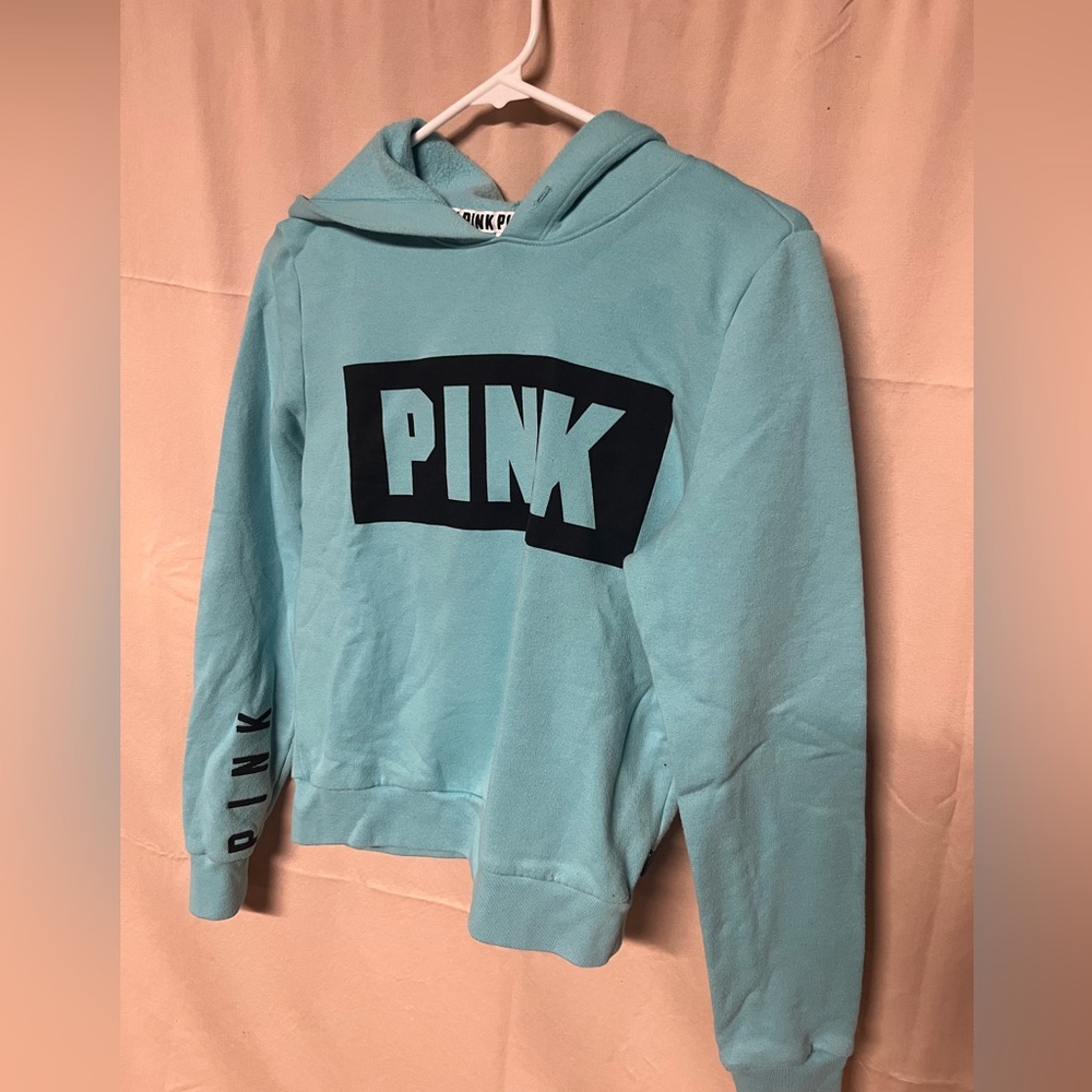 PINK light blue/teal slight cropped hoodie